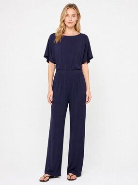 Navy Blue Dolman Sleeve Wide Leg Jumpsuit Stretch Waist Size S